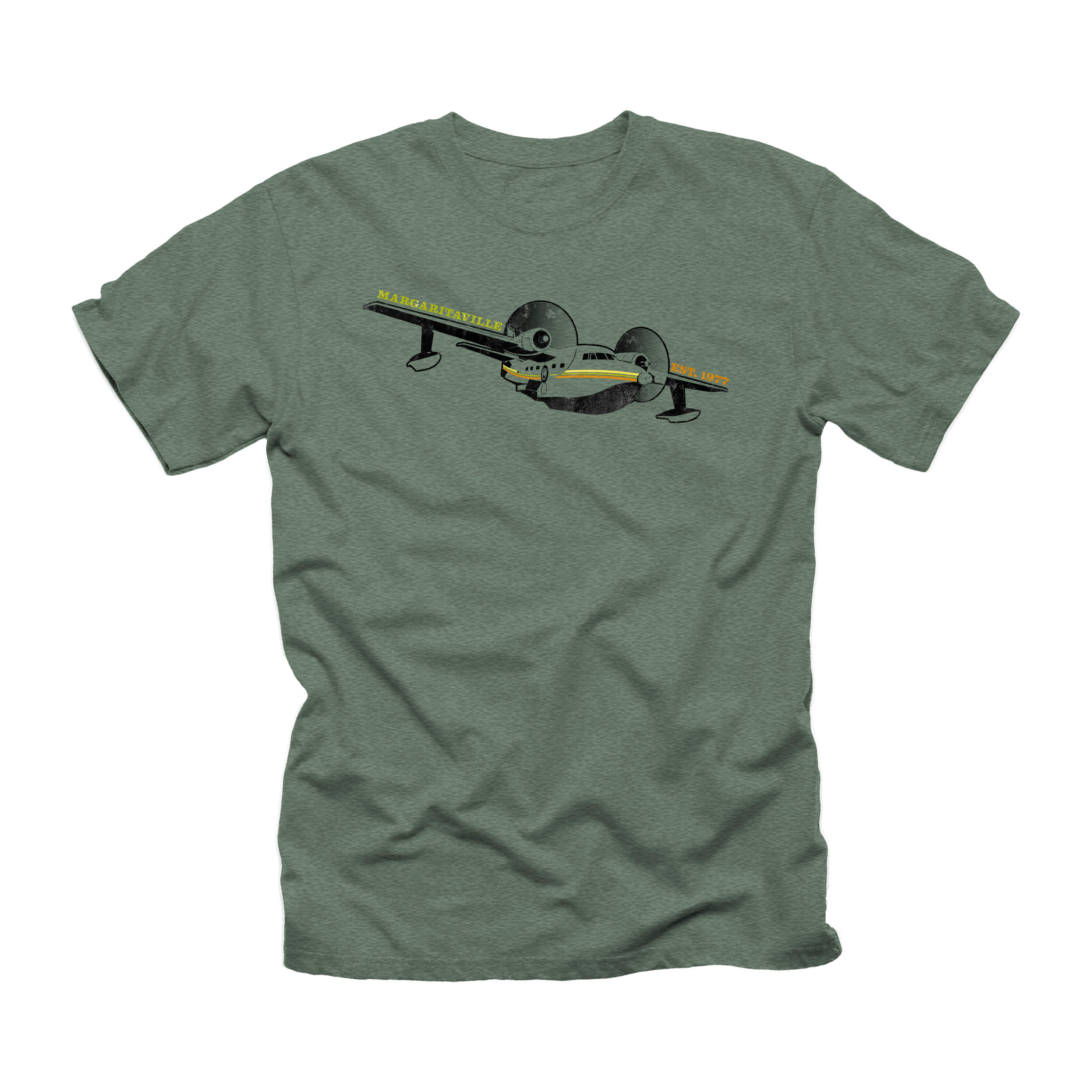 Green t-shirt featuring a vintage seaplane airplane 