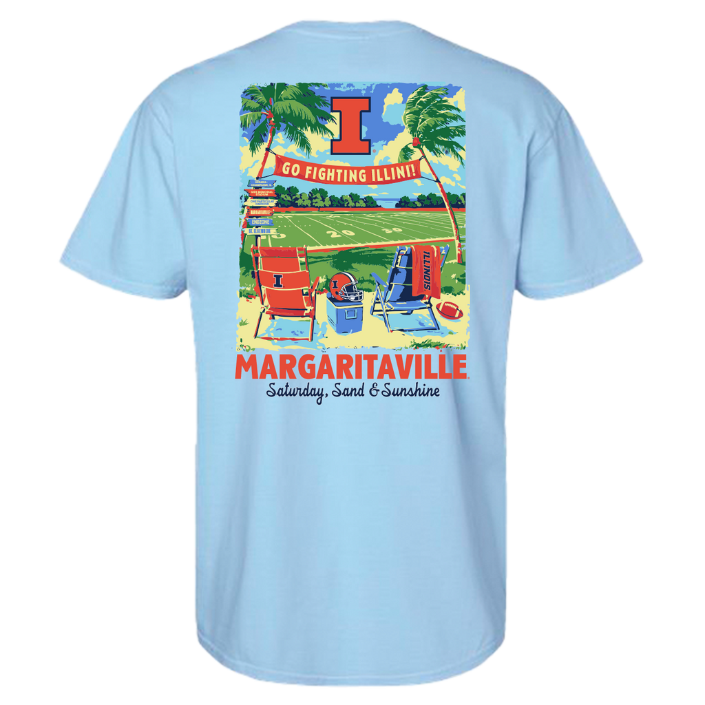 A light blue short-sleeve t-shirt shown from the back, featuring a colorful vintage-style beach graphic with palm trees, a red 'I', and the text 'GO FIGHTING ILLINOIS' and 'MARGARITAVILLE'.