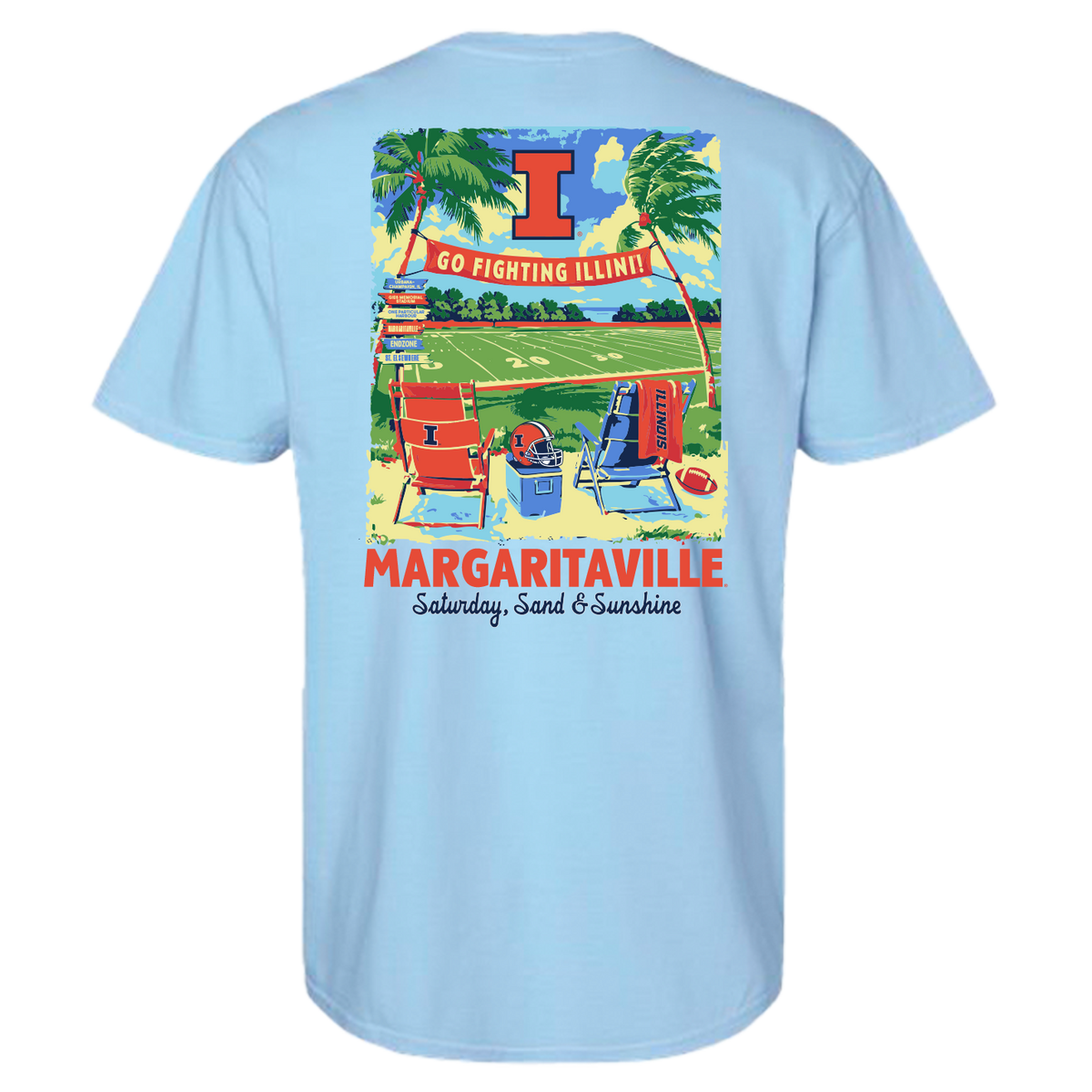 A light blue short-sleeve t-shirt shown from the back, featuring a colorful vintage-style beach graphic with palm trees, a red 'I', and the text 'GO FIGHTING ILLINOIS' and 'MARGARITAVILLE'.