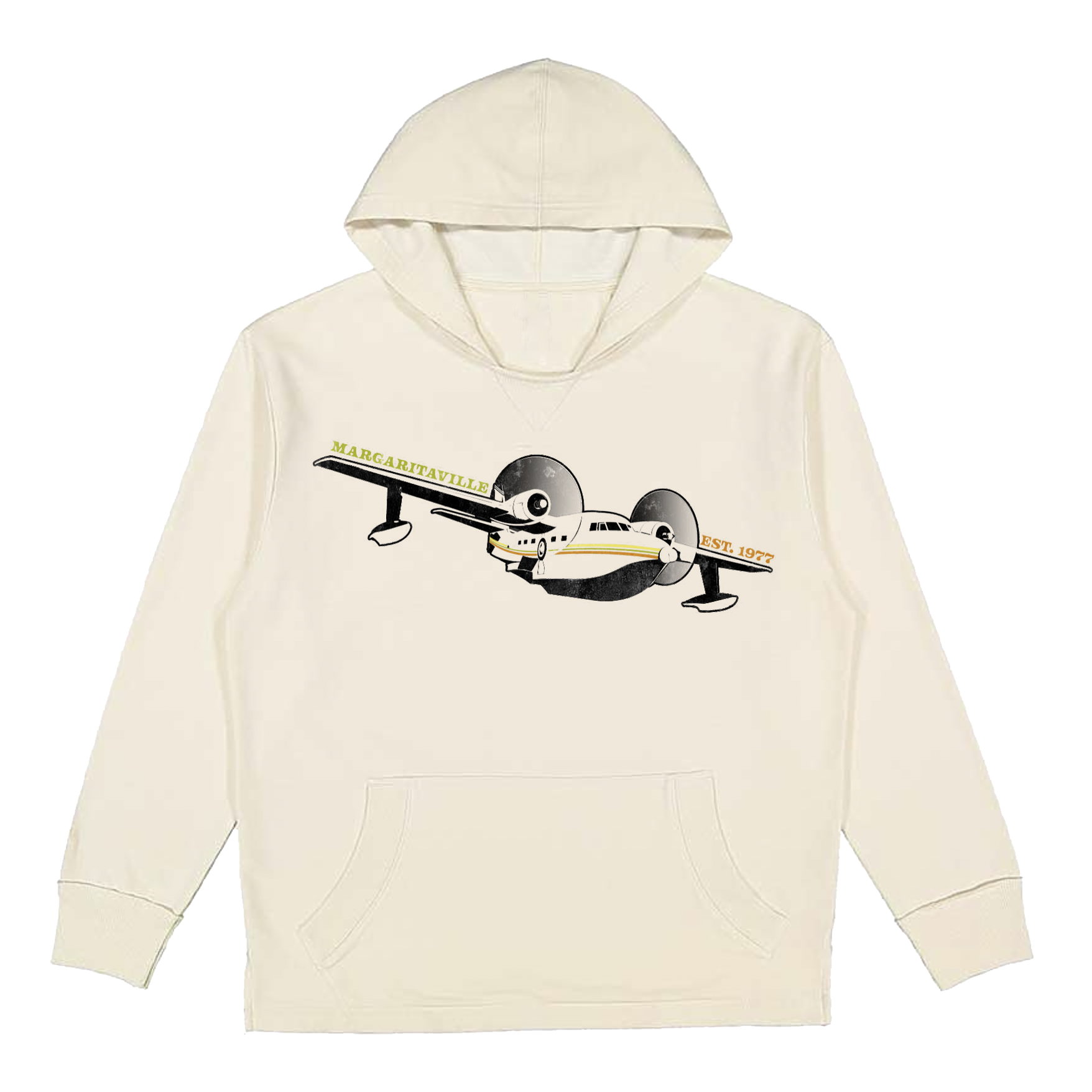 Beige hoodie with a graphic of an airplane and text on a white background