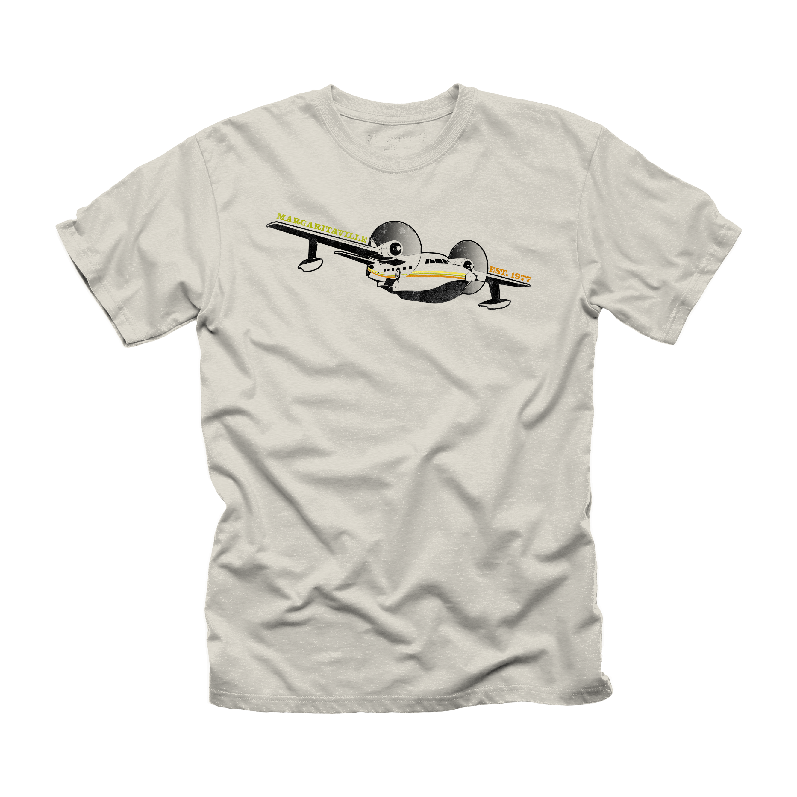 Beige t-shirt with a graphic of a vintage airplane on a white background