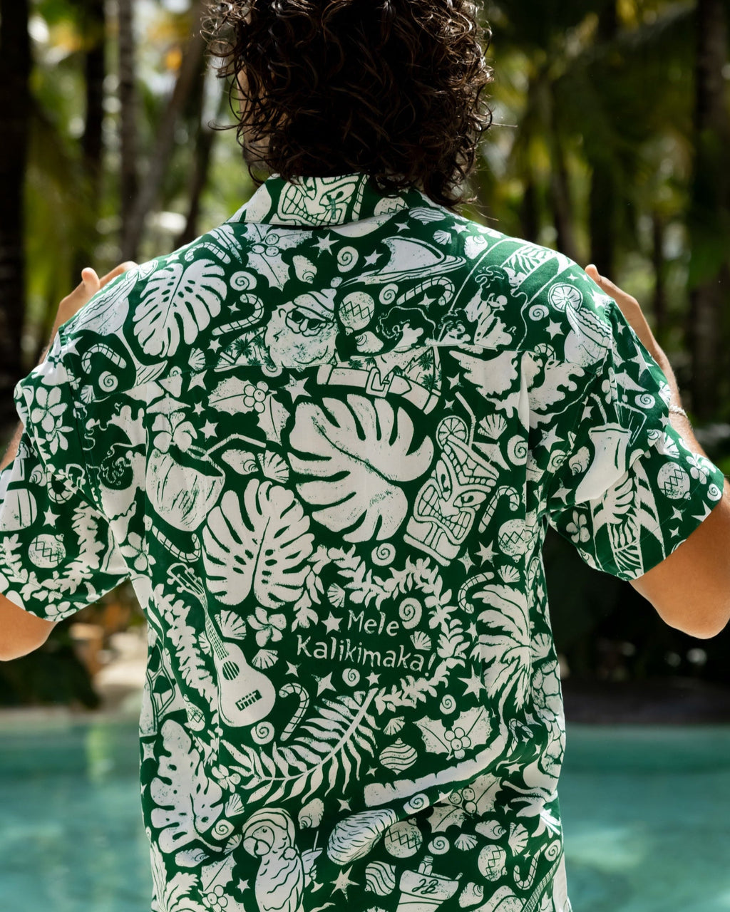 Person wearing a green and white patterned hawaiian holiday christmas shirt by a pool with palm trees in the background