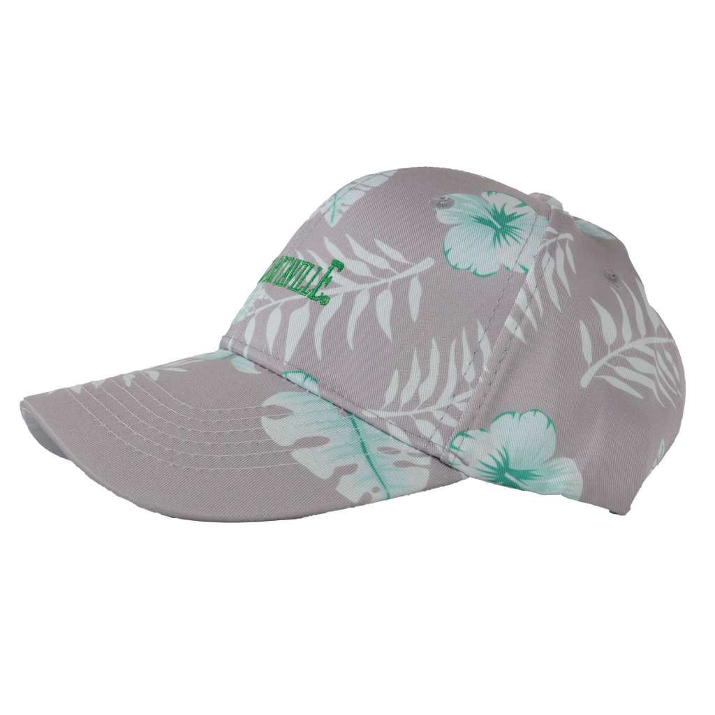 Margaritaville logo Gray cap with green and white floral pattern on a white background