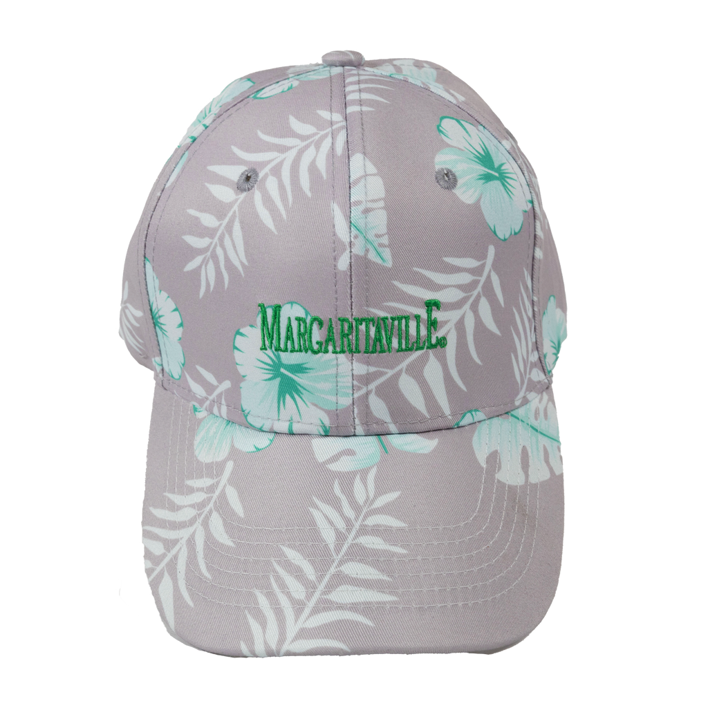 Gray cap with tropical leaf pattern and 'Margaritaville' logo on a white background