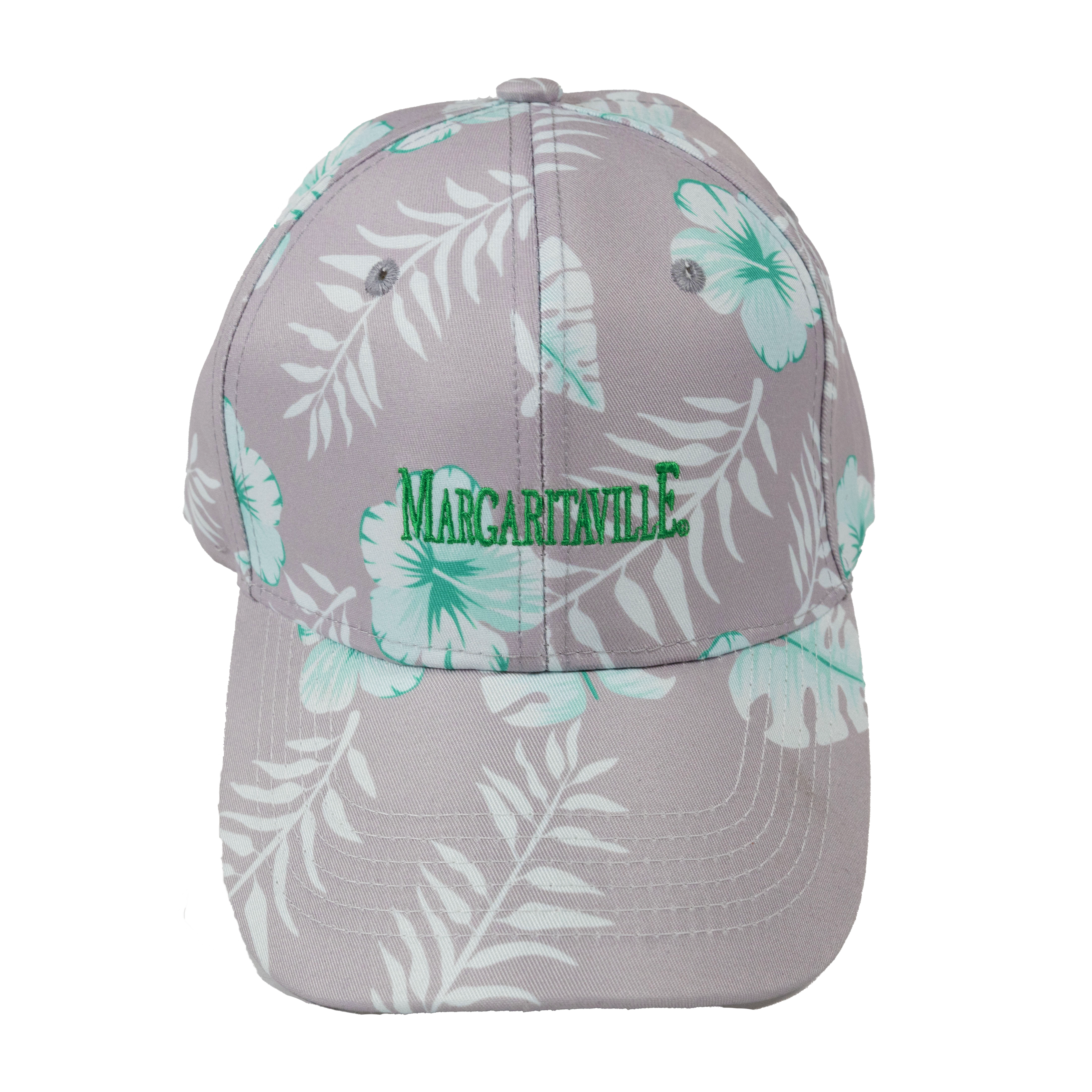 Gray cap with tropical leaf pattern and 'Margaritaville' logo on a white background