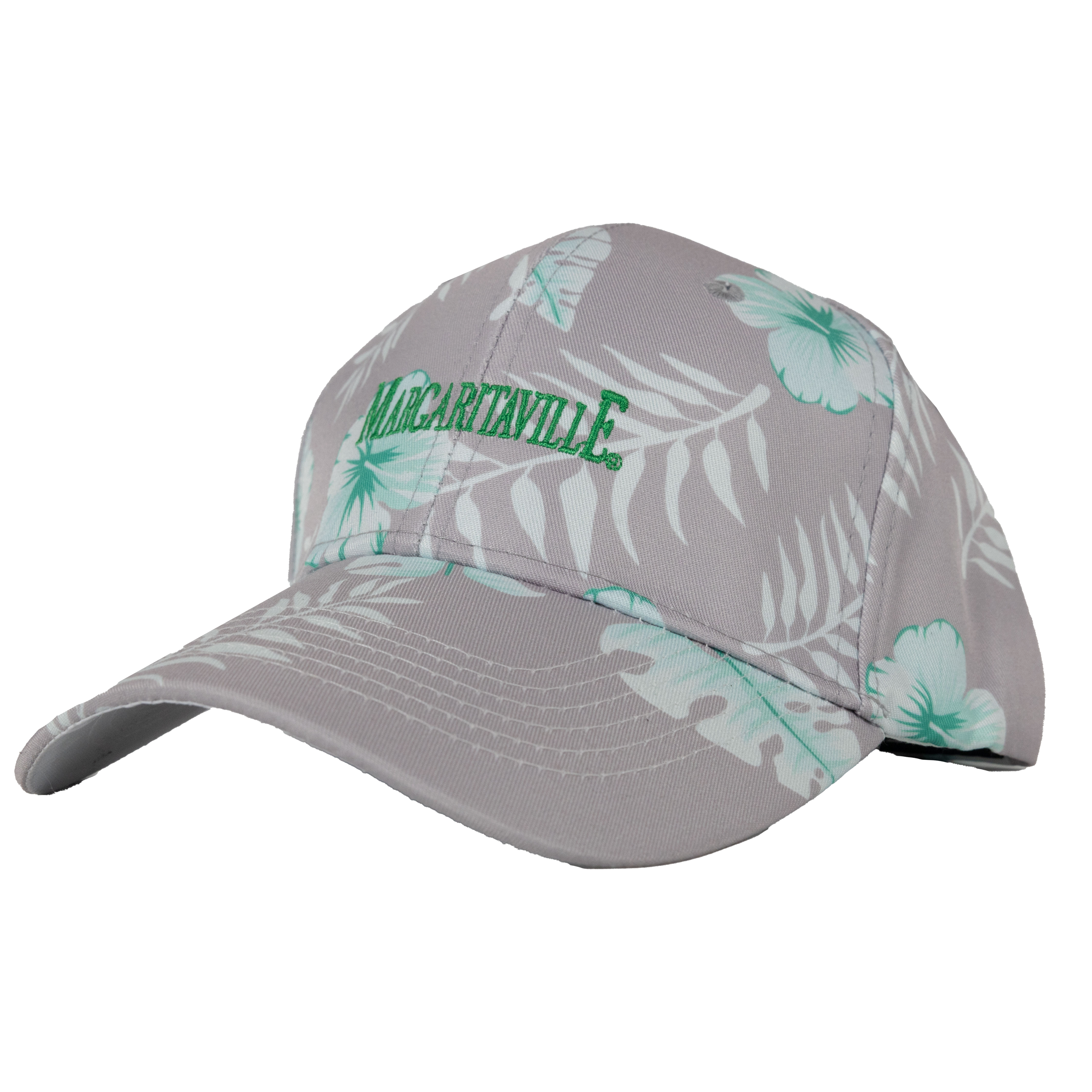 Gray cap with green floral pattern and 'Margaritaville' branding on a white background